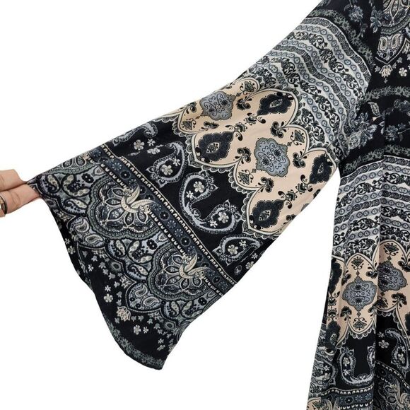 Romeo + Juliet Couture Womens Boho Kimono Duster Sz M Black Paisley Long Slits - Picture 8 of 14